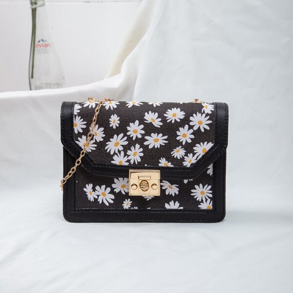 

Floral Graphic Twist Lock Chain Bag, Black