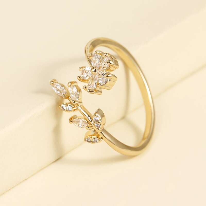 

Rhinestone Floral & Leaf Cuff Ring, Gold