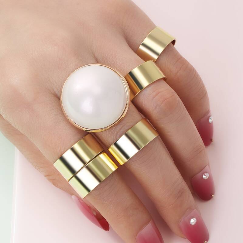 

6pcs Faux Pearl Ring, Gold