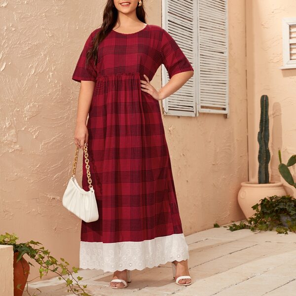 

Plus Plaid Contrast Schiffy Hem Smock Dress, Burgundy