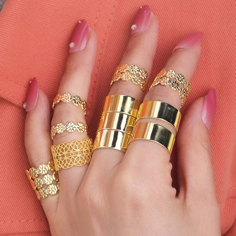 

15pcs Hollow Out Floral Ring, Gold