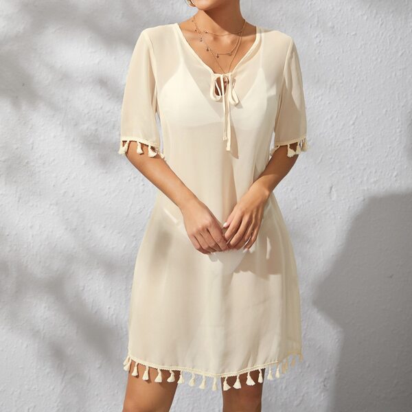 

Solid Sheer Tassel Cover Up, Apricot