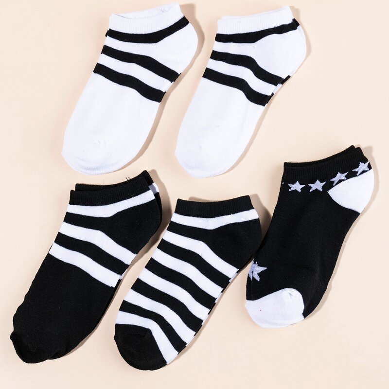 5pairs Striped Ankle Socks, Black and white