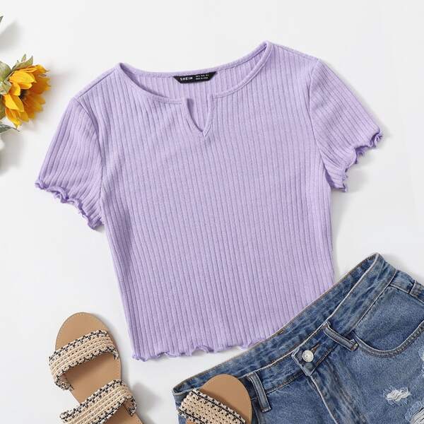 

Solid Lettuce Trim Rib-knit Tee, Lilac purple