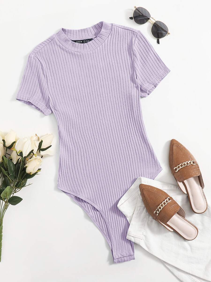 SHEIN EZwear Mock-neck Rib-knit Bodysuit - Lilac Purple - View 1