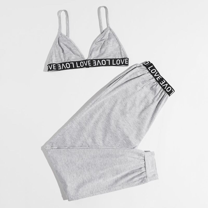

Letter Graphic Tape Bralette & Pants PJ Set, Light grey