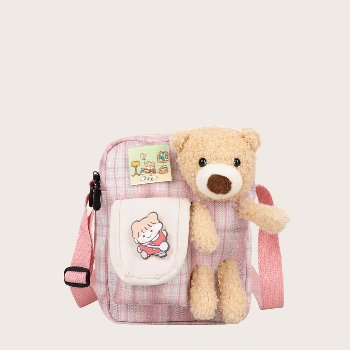 

Cartoon Bear Plaid Crossbody Bag, Multicolor