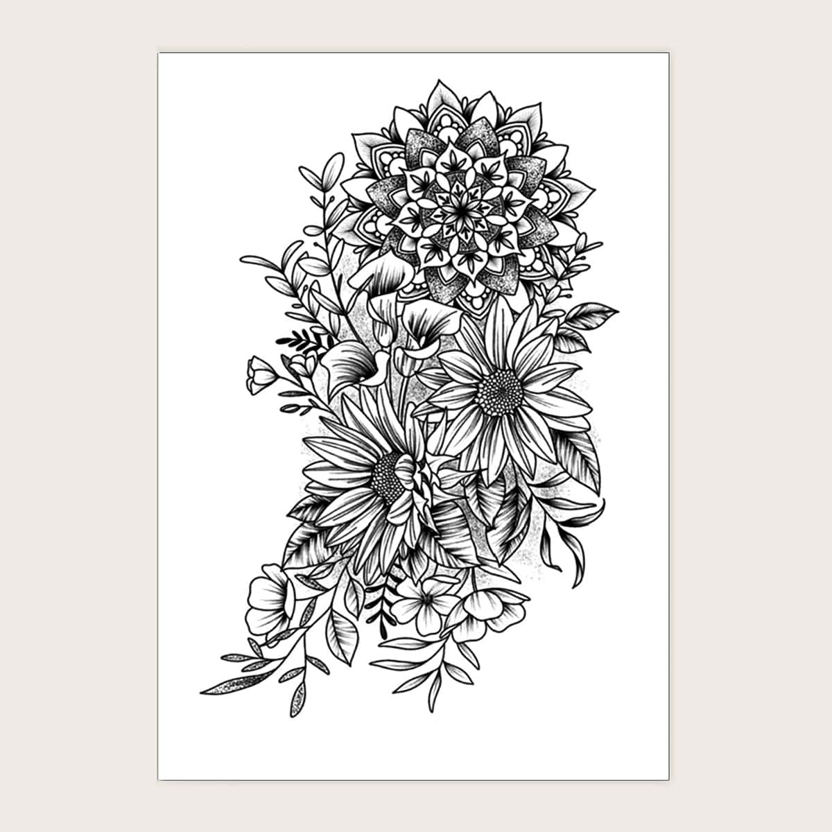 1sheet Flower Pattern Tattoo Sticker, Black and white