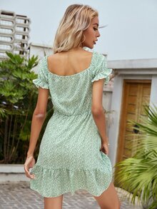 Ditsy Floral Sweetheart Neck Ruffle Hem A-line Dress - Mint Green - View 2