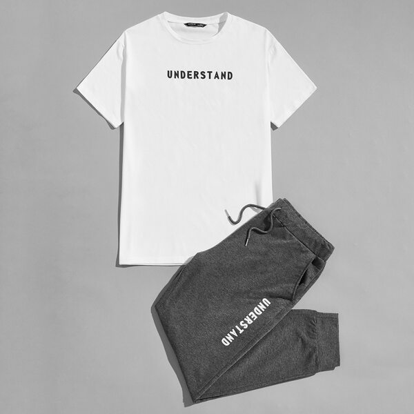 

Men Letter Graphic Top & Joggers Set, Multicolor