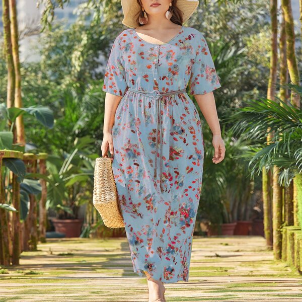 

Plus Floral Print Button Front Dress Without Belt, Dusty blue