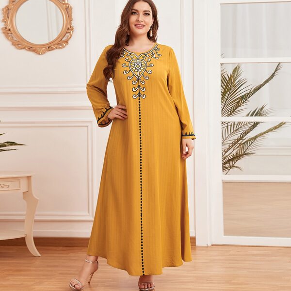 

Plus Graphic Embroidery Long Sleeve Dress, Mustard yellow