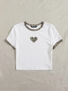 SHEIN Qutie تي شيرتات التطريز تصميم الفهد كاجوال - أبيض - مشاهدة 5