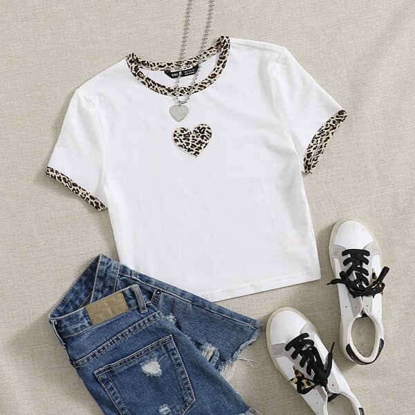 

Leopard Heart Ringer Tee, White