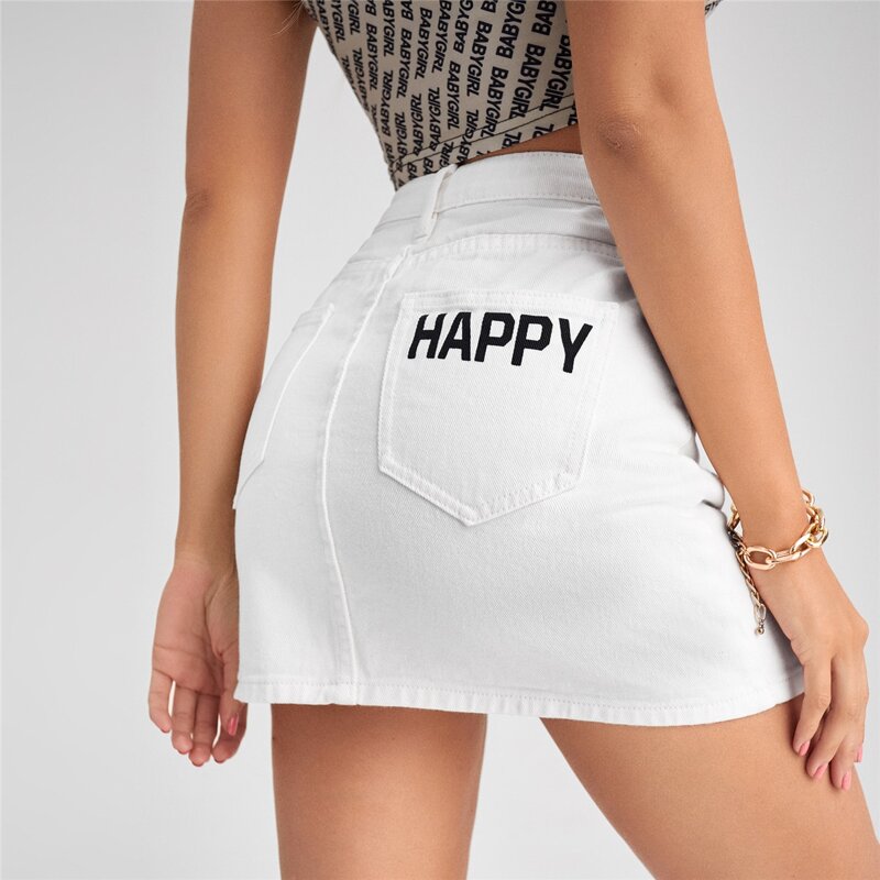

Letter Graphic Denim Skirt, White