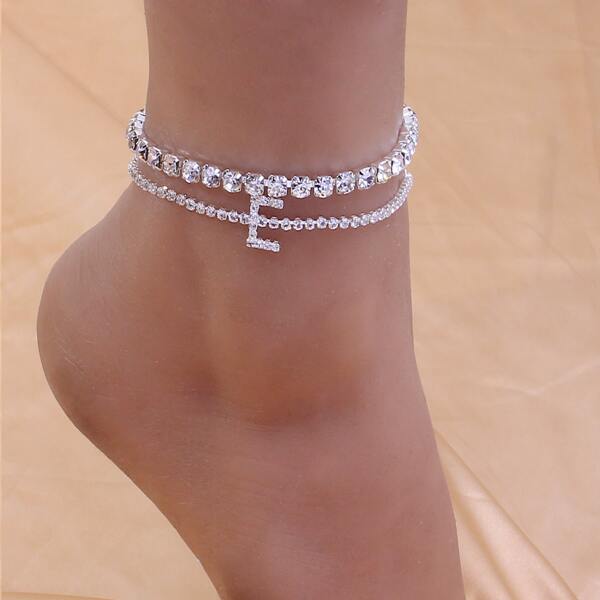 

2pcs Rhinestone Letter Decor Anklet, Silver