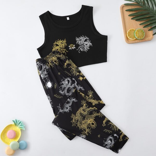 

Chinese Dragon Print Pajama Set, Multicolor