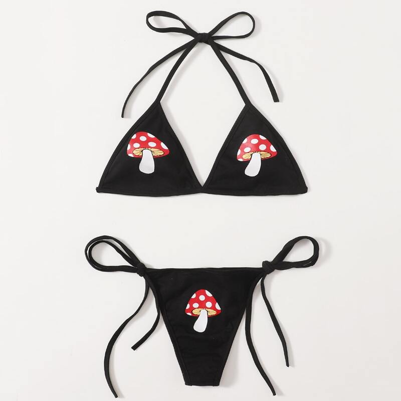 

Mushroom Print Lingerie Set, Black