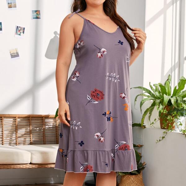 

Plus Plants Print Tie Shoulder Ruffle Hem Nightdress, Mauve purple