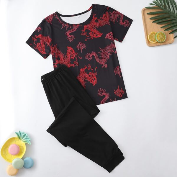 

Chinese Dragon Print Tee & Pants PJ Set, Black