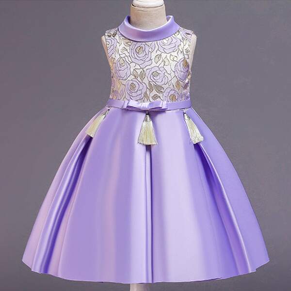 

Girls Embroidery Fringe Detail Bow Back Gown Dress, Violet purple