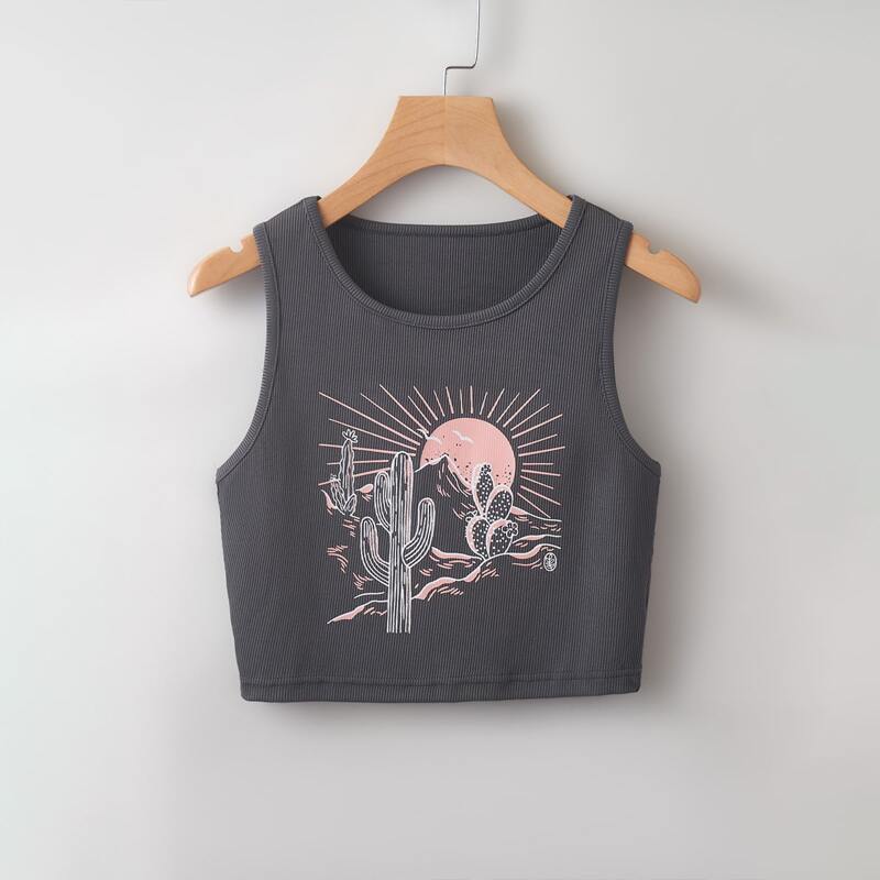 

Scenery Graphic Ribbed Tank Top, Dark grey