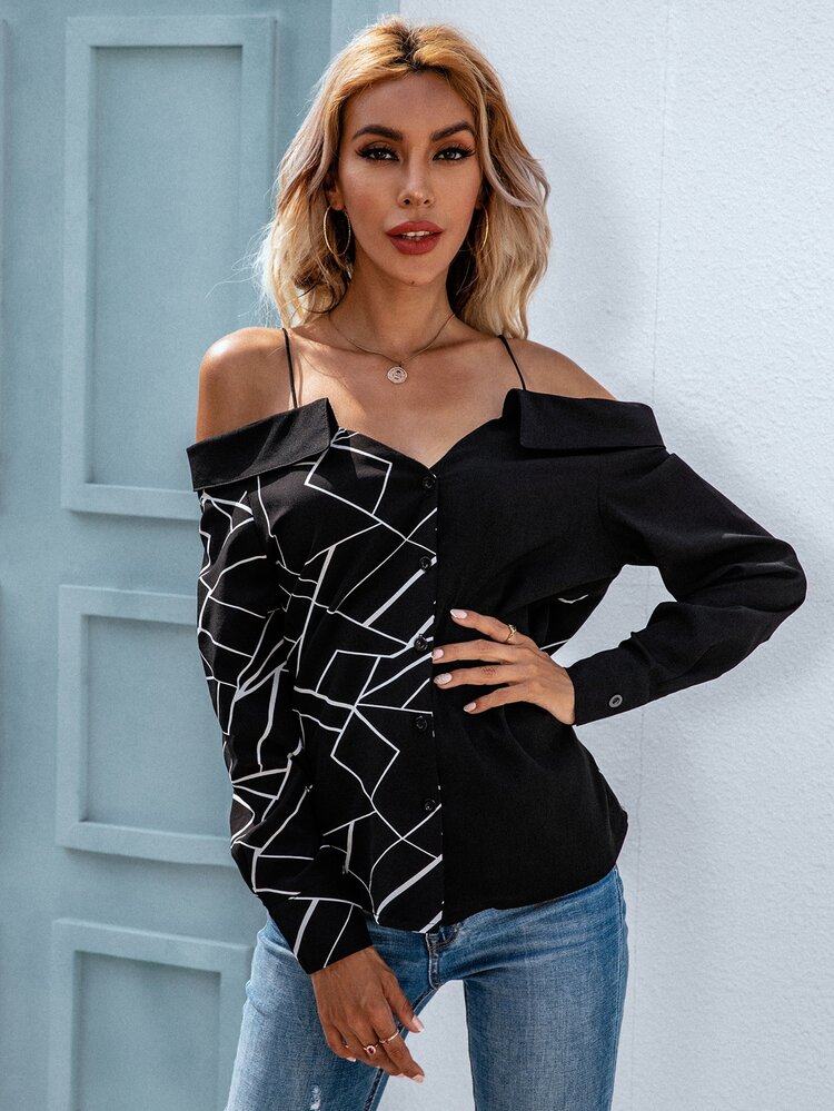 SHEIN LUNE Geo Print Button Front Cold Shoulder Blouse - Black - View 3