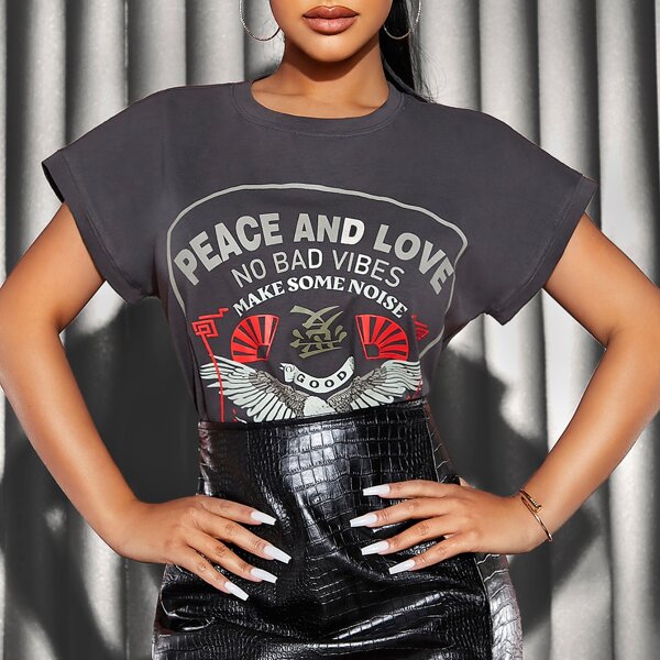 

Letter and Eagle Print Top, Dark grey