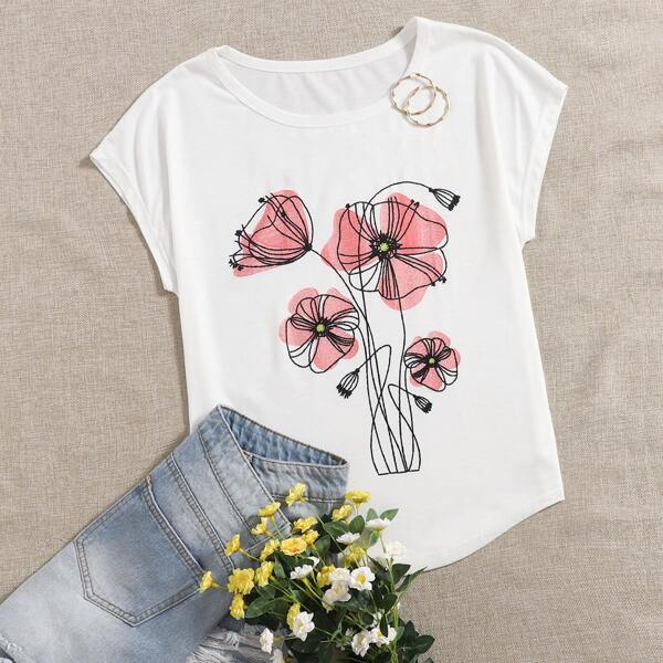 

Floral Print Batwing Sleeve Tee, White