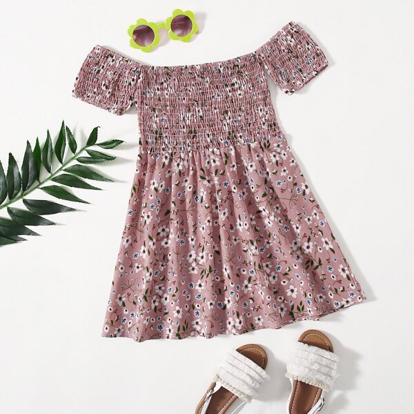 

Toddler Girls Floral Print Shirred Bardot Dress, Dusty pink