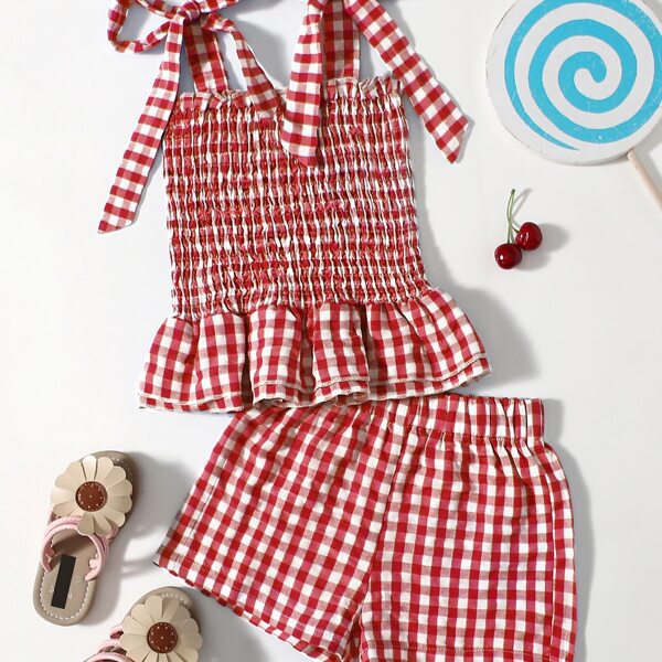 

Toddler Girls Gingham Tie Shoulder Shirred Cami Top With Shorts, Red and white