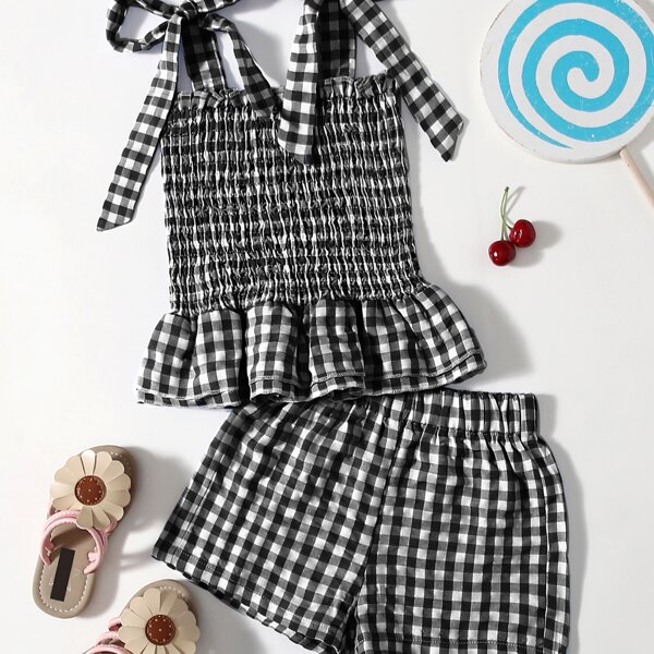 

Toddler Girls Gingham Tie Shoulder Shirred Cami Top With Shorts, Black and white