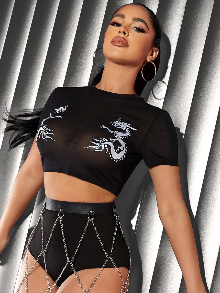 SHEIN SXY Áo nữ cắt Thú vật Gợi cảm - màu đen - Xem 1