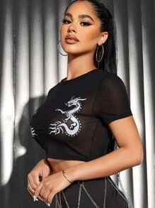 SHEIN SXY Áo nữ cắt Thú vật Gợi cảm - màu đen - Xem 3