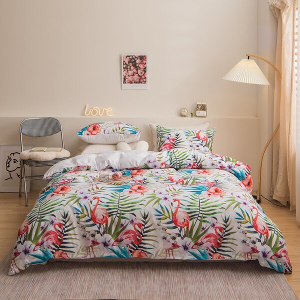 

Flamingo Print Duvet Cover Set Without Filler, Multicolor