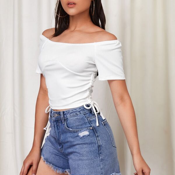 

Off Shoulder Drawstring Side Tee, White