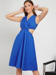 SHEIN 交叉領鏤空素色連衣裙 - 寶藍色 - 查看 6