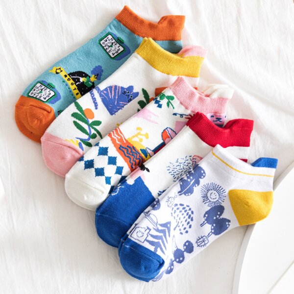 

5pairs Floral Print Socks, Multicolor