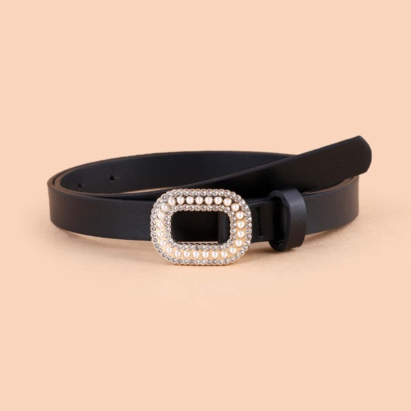 

Faux Pearl Decor Buckle Belt, Black