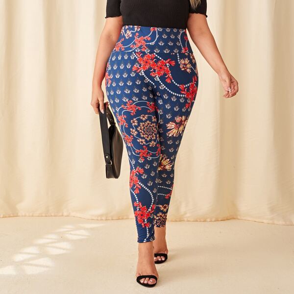 

Plus Wide Waistband Floral Print Leggings, Multicolor
