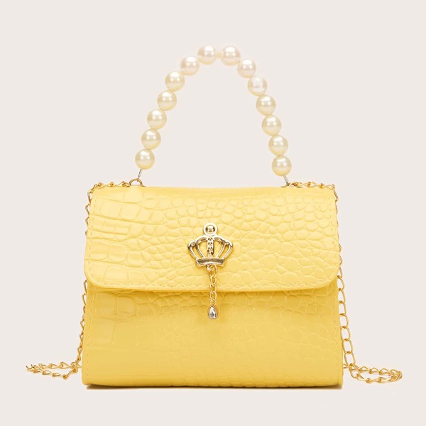 

Metal Decor Croc Embossed Satchel Bag, Yellow