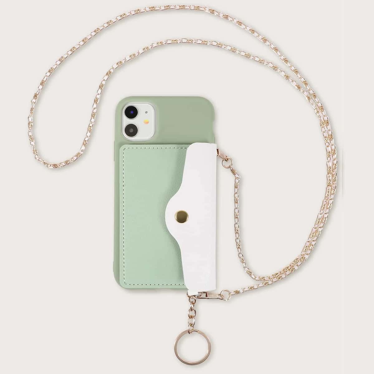 

1pc Chain Strap Phone Case With Card Holder, Green