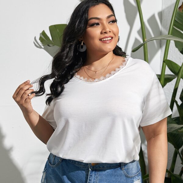 

Plus Lace Insert Scoop Neck Tee, White