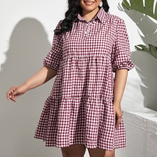 

Plus Gingham Puff Sleeve Smock Dress, Red and white