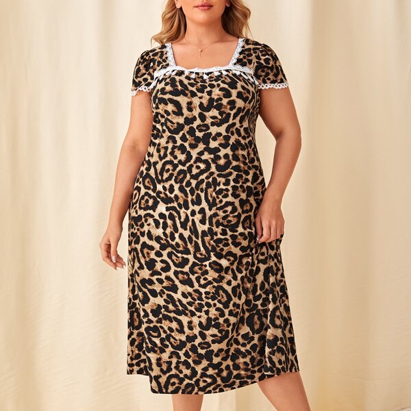 

Plus Lace Trim Leopard Nightdress, Multicolor