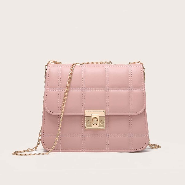 

Plaid Flap Chain Shoulder Bag, Baby pink