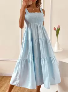 GENKIRA Vestido de tirantes fruncido unicolor - Celeste - Ver 1