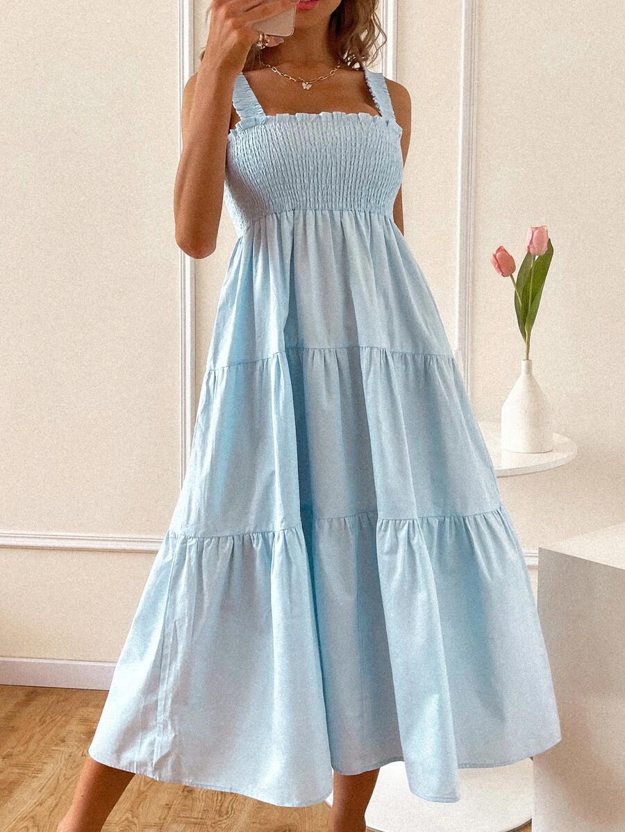 GENKIRA Vestido de tirantes fruncido unicolor - Celeste - Ver 1