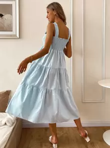 GENKIRA Vestido de tirantes fruncido unicolor - Celeste - Ver 2