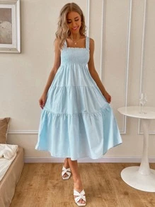 GENKIRA Vestido de tirantes fruncido unicolor - Celeste - Ver 3